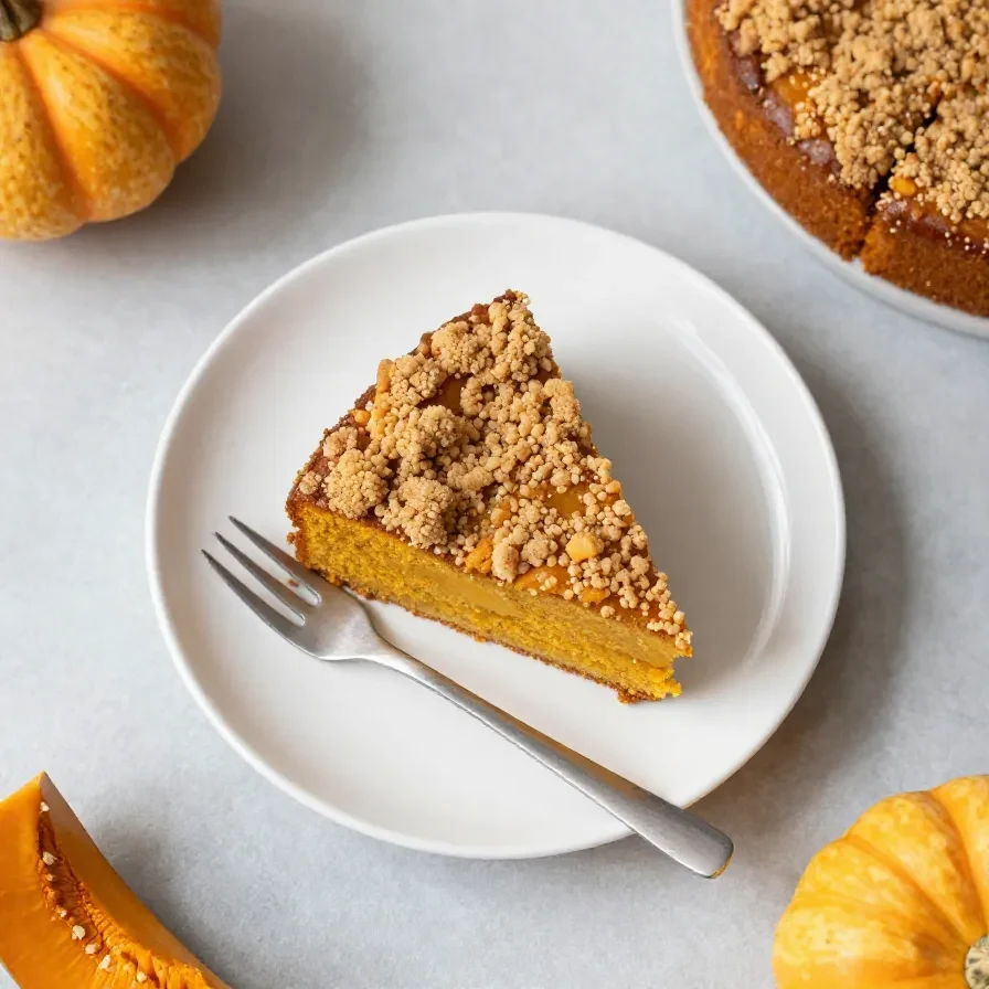 A slice of pumpkin coffee cake topped with brown sugar cinnamon streusel on a white plate