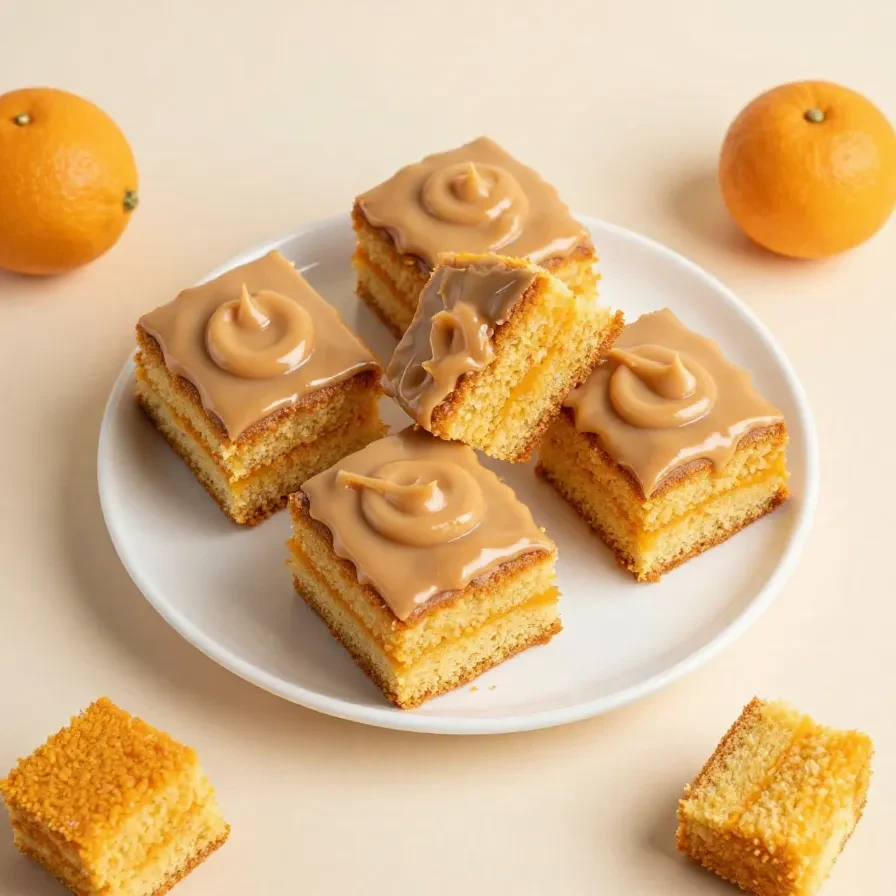 A tray of easy pumpkin bars topped with smooth caramel frosting, cut into neat squares and sprinkled with a light dusting of cinnamon.