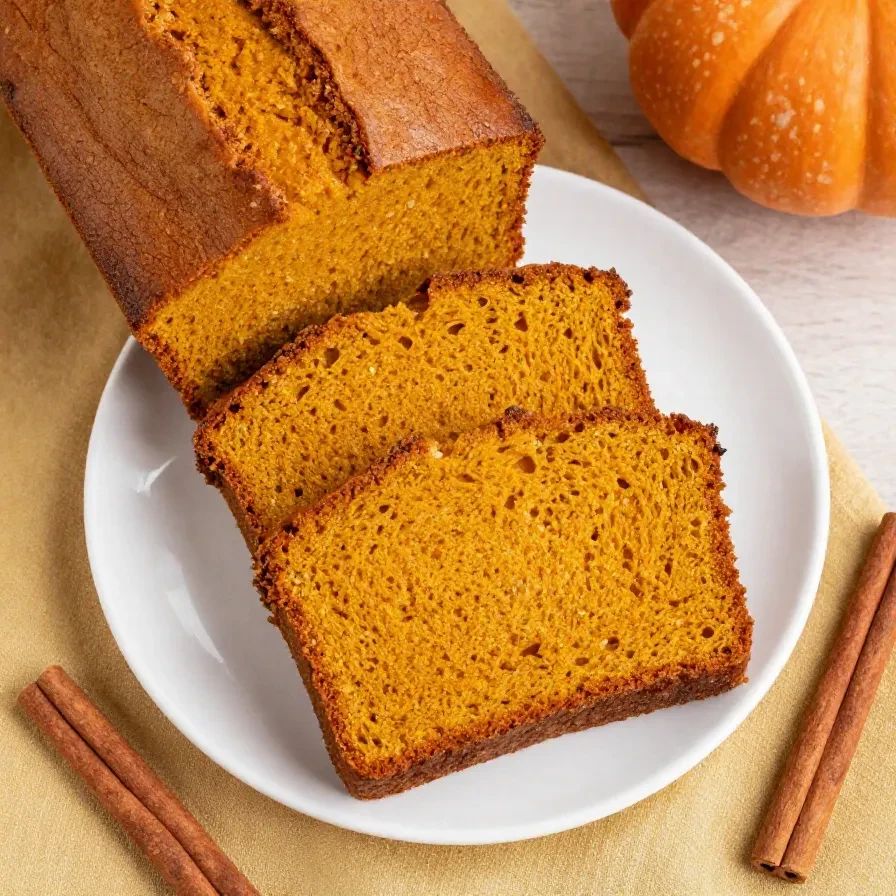 A loaf of freshly baked pumpkin bread on a cooling rack with a slice cut out, showing a moist orange crumb