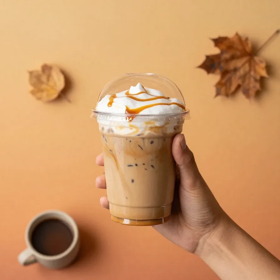 A mug of pumpkin cinnamon roll latte topped with whipped cream, cinnamon, and a swirl of caramel on a cozy table