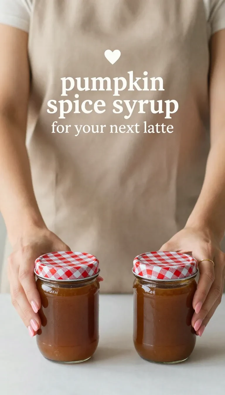 A glass bottle of pumpkin spice syrup surrounded by cinnamon sticks, star anise, and slices of pumpkin on a wooden table.