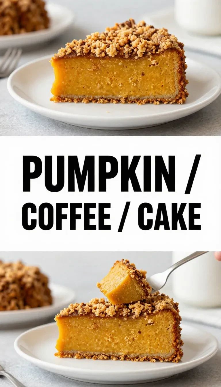 A slice of pumpkin coffee cake topped with brown sugar cinnamon streusel on a white plate