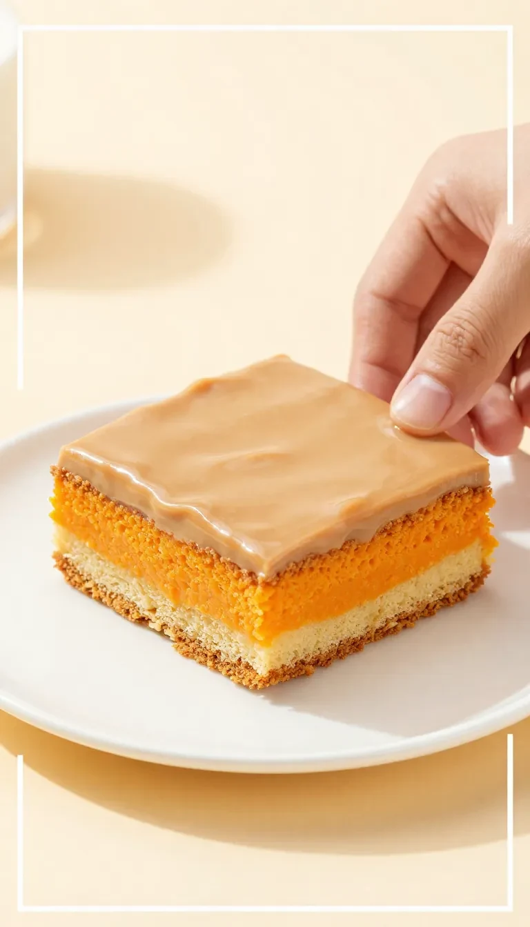 A tray of easy pumpkin bars topped with smooth caramel frosting, cut into neat squares and sprinkled with a light dusting of cinnamon.