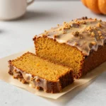 A loaf of homemade pumpkin bread sliced on a wooden board with cinnamon and pumpkins nearby
