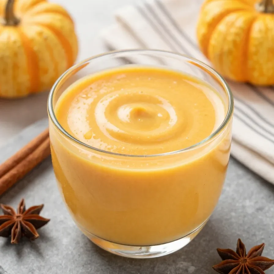 A creamy glass of pumpkin spice milk topped with cinnamon on a wooden table