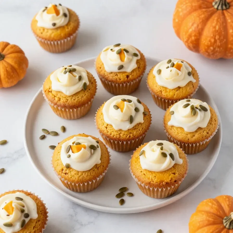 Homemade copycat Starbucks pumpkin cream cheese muffins on a plate with a light dusting of cinnamon.