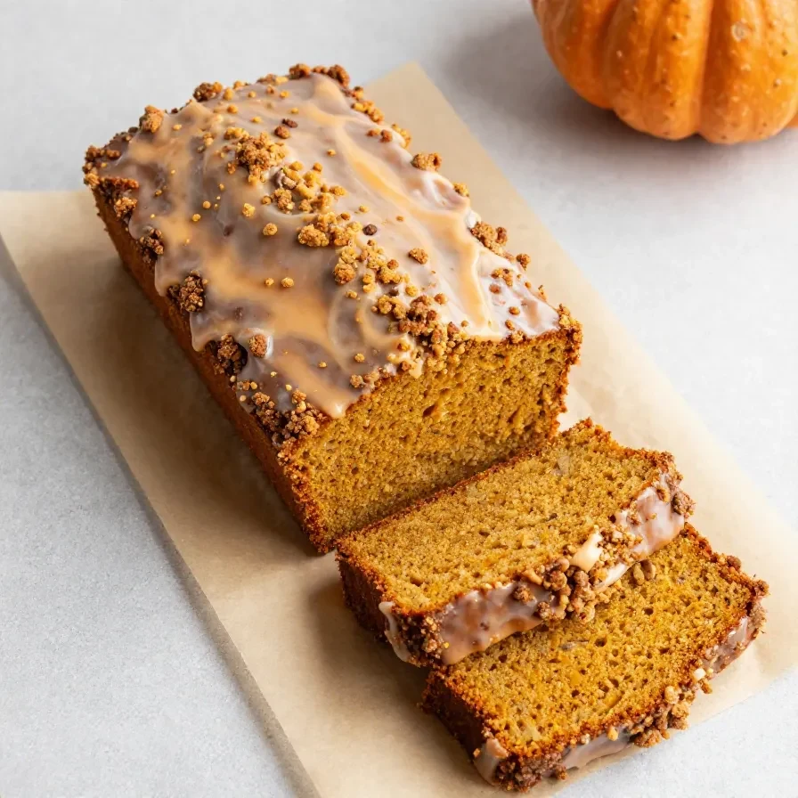 A loaf of homemade pumpkin bread sliced on a wooden board with cinnamon and pumpkins nearby