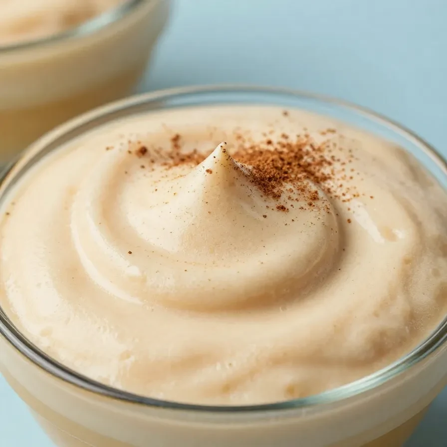 A creamy pumpkin cold foam topped on an iced coffee in a clear glass with autumn spices nearby