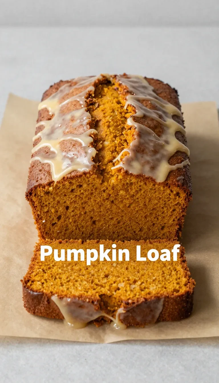 A loaf of homemade pumpkin bread sliced on a wooden board with cinnamon and pumpkins nearby