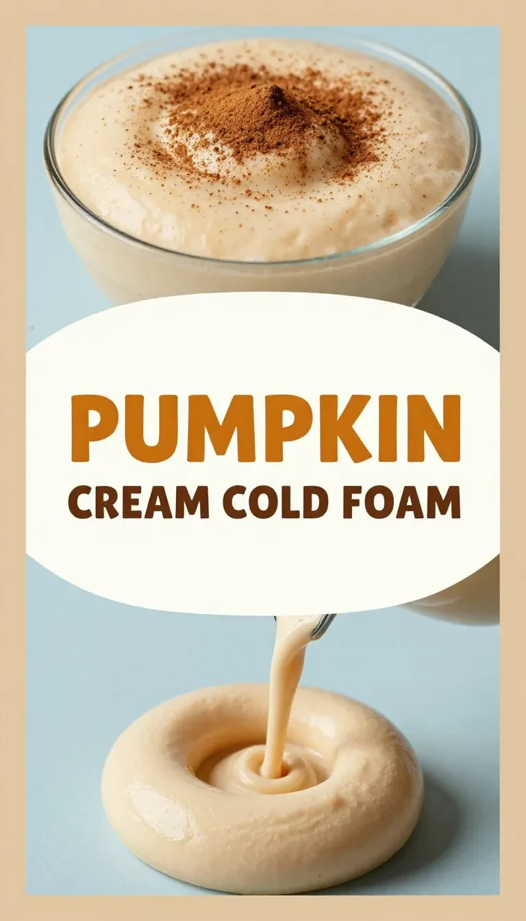 A creamy pumpkin cold foam topped on an iced coffee in a clear glass with autumn spices nearby