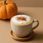 A creamy pumpkin spice latte served in a mug without coffee, topped with whipped cream and a sprinkle of cinnamon.