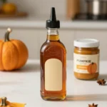 A glass bottle of sugar-free pumpkin spice syrup with cinnamon sticks, star anise, and pumpkin slices arranged on a rustic kitchen table.
