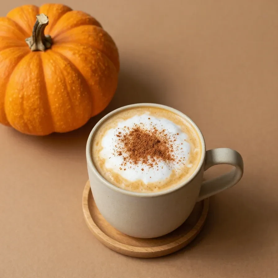 A creamy pumpkin spice latte served in a mug without coffee, topped with whipped cream and a sprinkle of cinnamon.