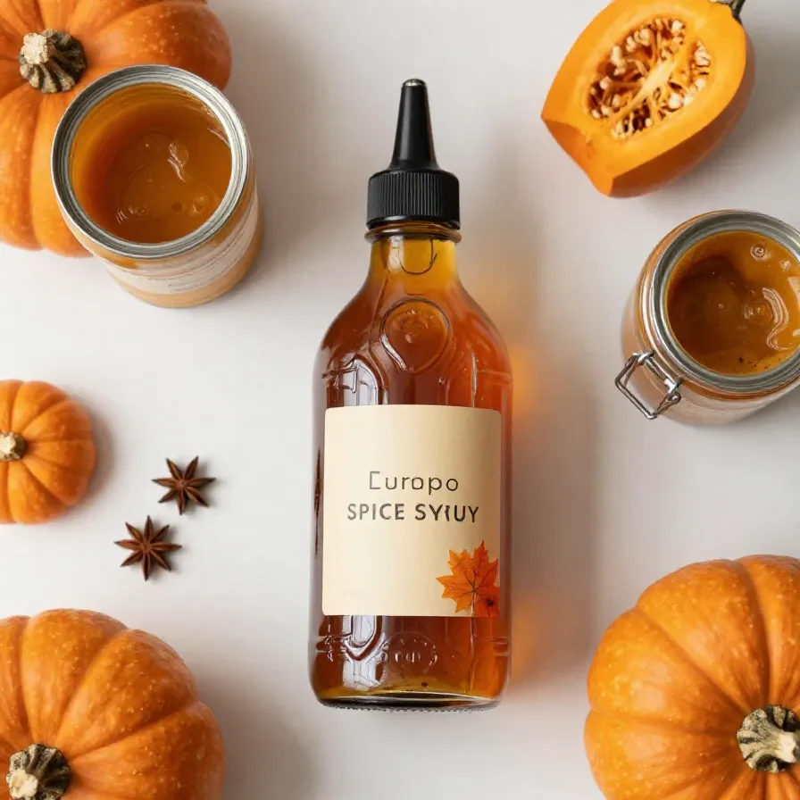 A glass bottle of sugar-free pumpkin spice syrup with cinnamon sticks, star anise, and pumpkin slices arranged on a rustic kitchen table.