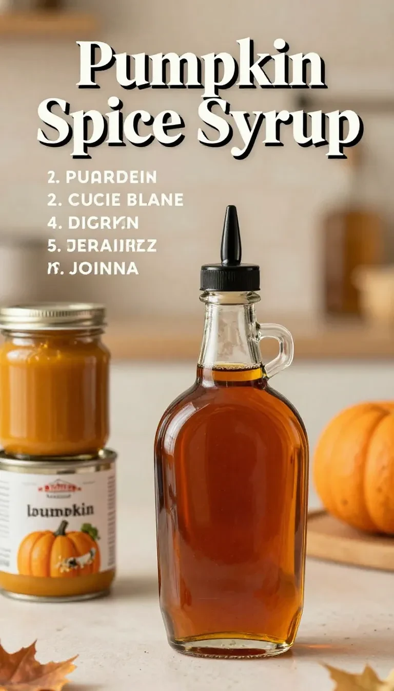 A glass bottle of sugar-free pumpkin spice syrup with cinnamon sticks, star anise, and pumpkin slices arranged on a rustic kitchen table.