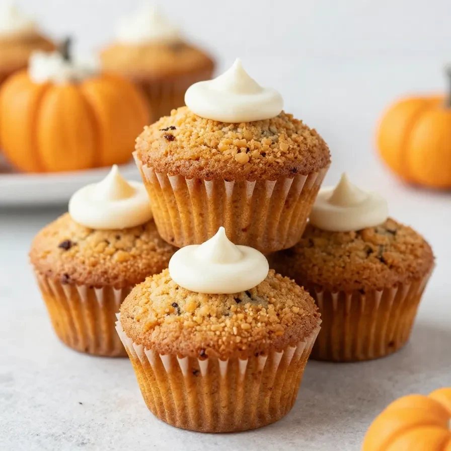 Pumpkin muffins split open to reveal a smooth maple cream cheese filling.