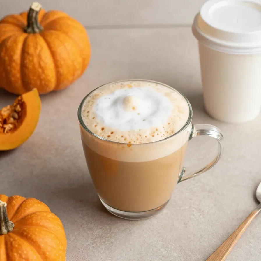 A homemade pumpkin spice latte in a clear mug topped with foam and cinnamon, styled as a healthy Starbucks dupe.