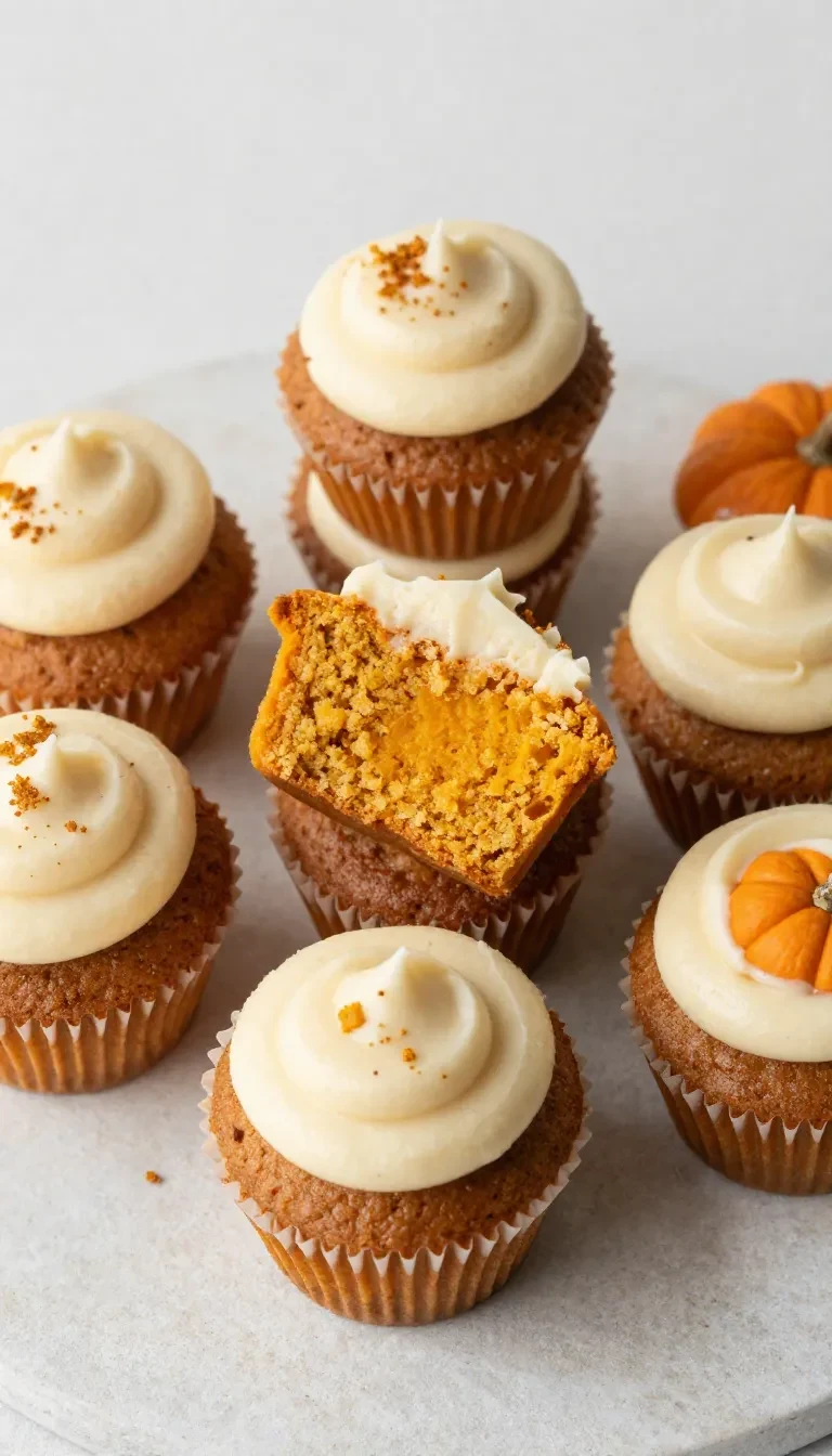 Pumpkin muffins split open to reveal a smooth maple cream cheese filling.