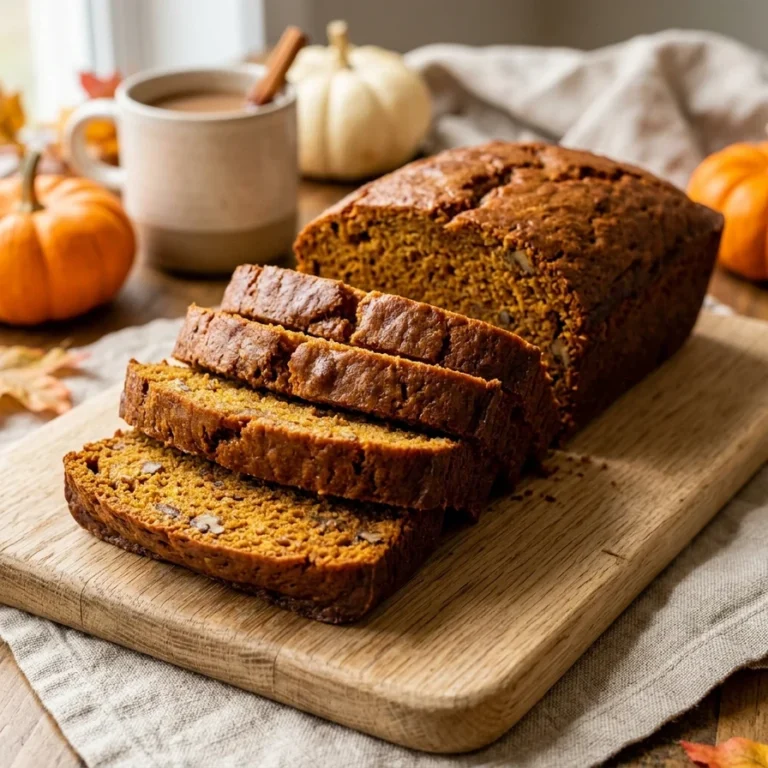 A freshly baked loaf of moist pumpkin bread sliced on a rustic wooden cutting board.
