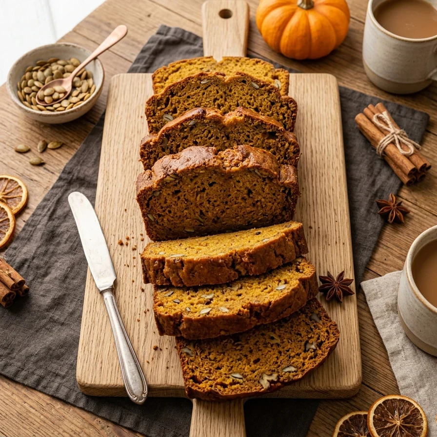 A freshly baked loaf of moist pumpkin bread sliced on a rustic wooden cutting board.