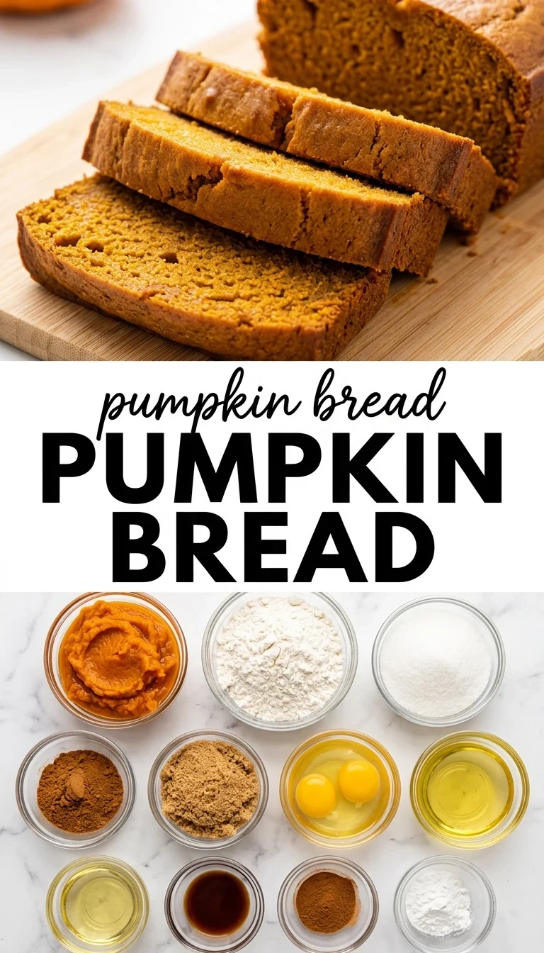 A freshly baked loaf of moist pumpkin bread sliced on a rustic wooden cutting board.