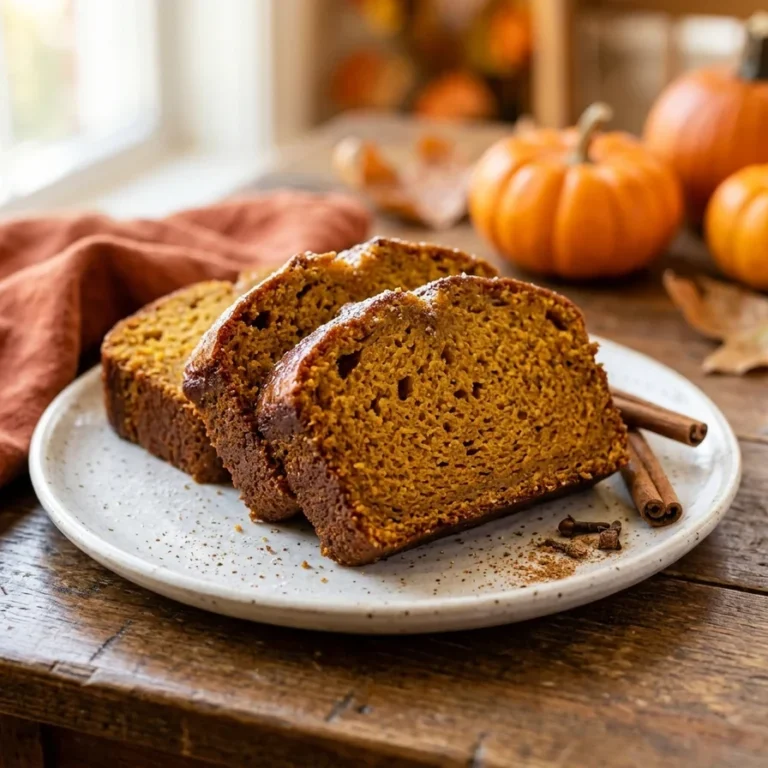 A sliced loaf of moist homemade pumpkin bread on a rustic wooden cutting board surrounded by fall decor.