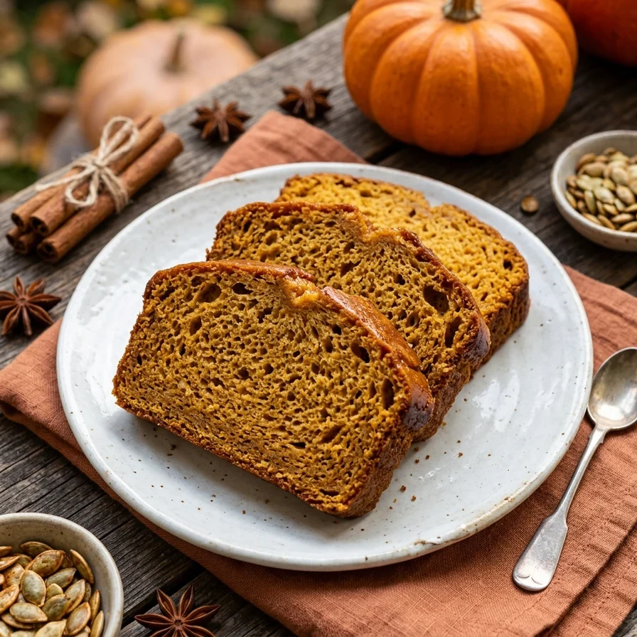 A sliced loaf of moist homemade pumpkin bread on a rustic wooden cutting board surrounded by fall decor.