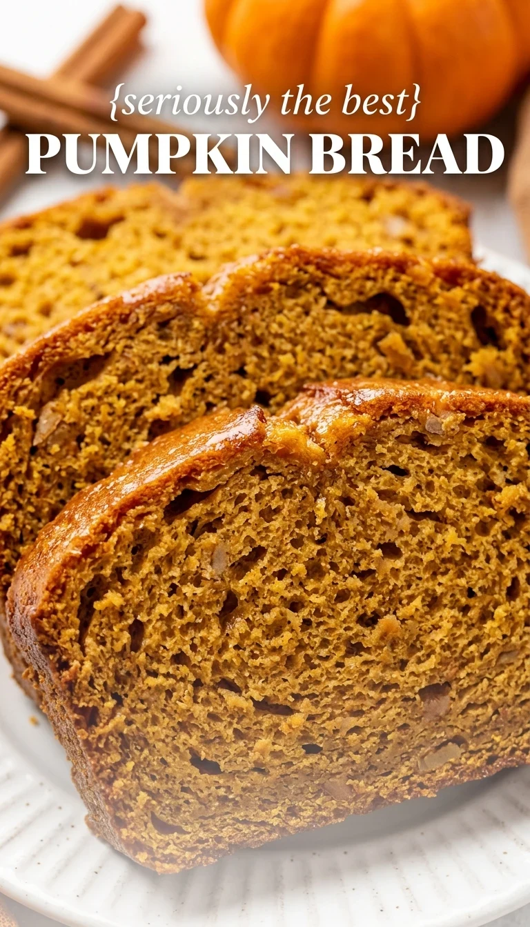 A sliced loaf of moist homemade pumpkin bread on a rustic wooden cutting board surrounded by fall decor.