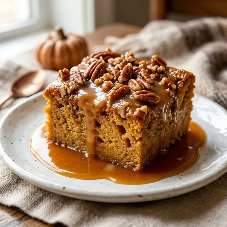 A warm slice of pumpkin praline bread pudding topped with caramelized pecans and a scoop of melting vanilla ice cream.