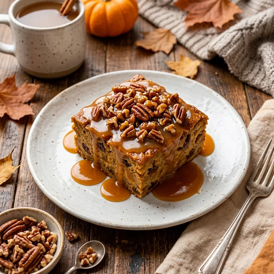 A warm slice of pumpkin praline bread pudding topped with caramelized pecans and a scoop of melting vanilla ice cream.