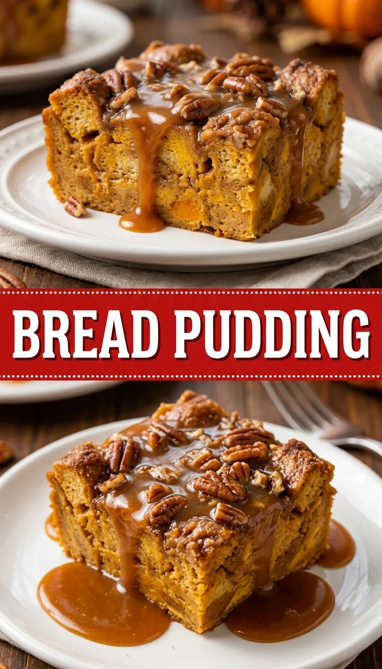 A warm slice of pumpkin praline bread pudding topped with caramelized pecans and a scoop of melting vanilla ice cream.